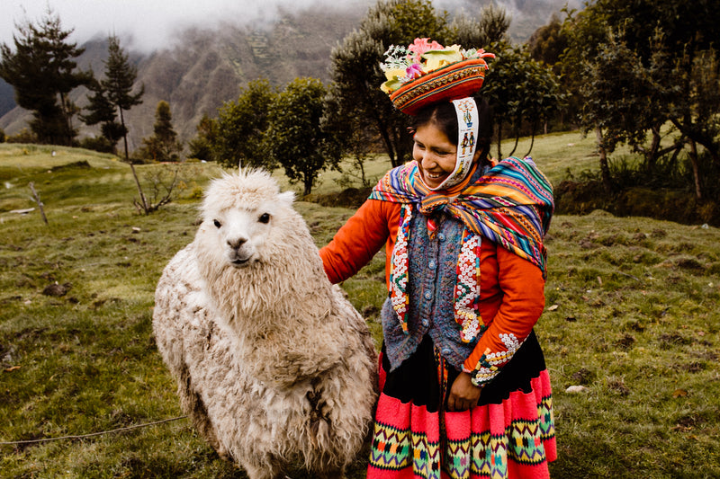 Female artisan standing next to a fluffy white alpaca in a mountainous landscape.