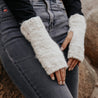 Yura Knit Fingerless Alpaca Gloves Awamaki Peru White - view of gloves on hands