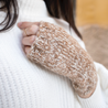 Yura Knit Fingerless Alpaca Gloves Awamaki Peru Beige - view of gloves on hands